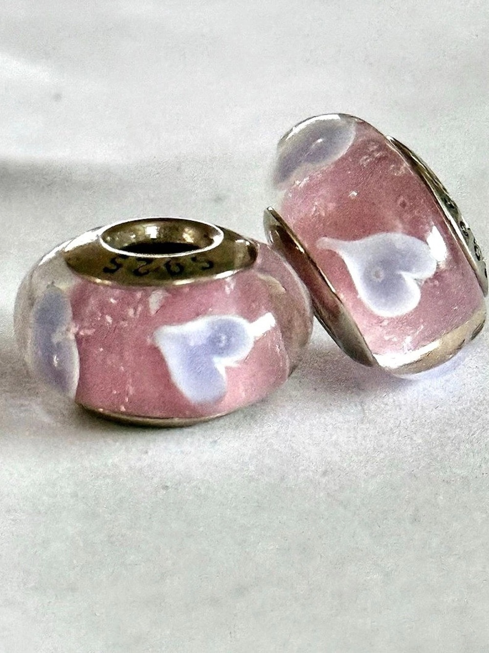 Sparkling Pink Murano Glass Charms set & Purple Hearts fit Pandora bracelets